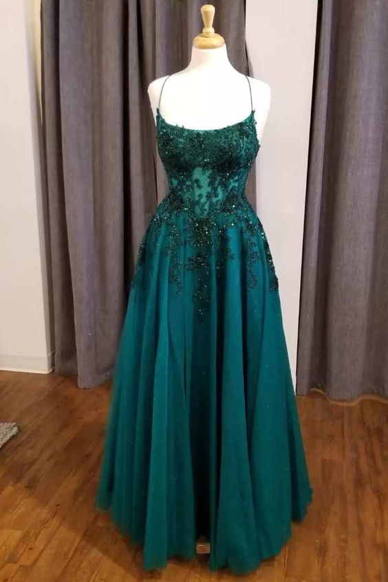 Simple Hunter Green Floral Lace Scoop Neck A-Line Prom Dress P1458
