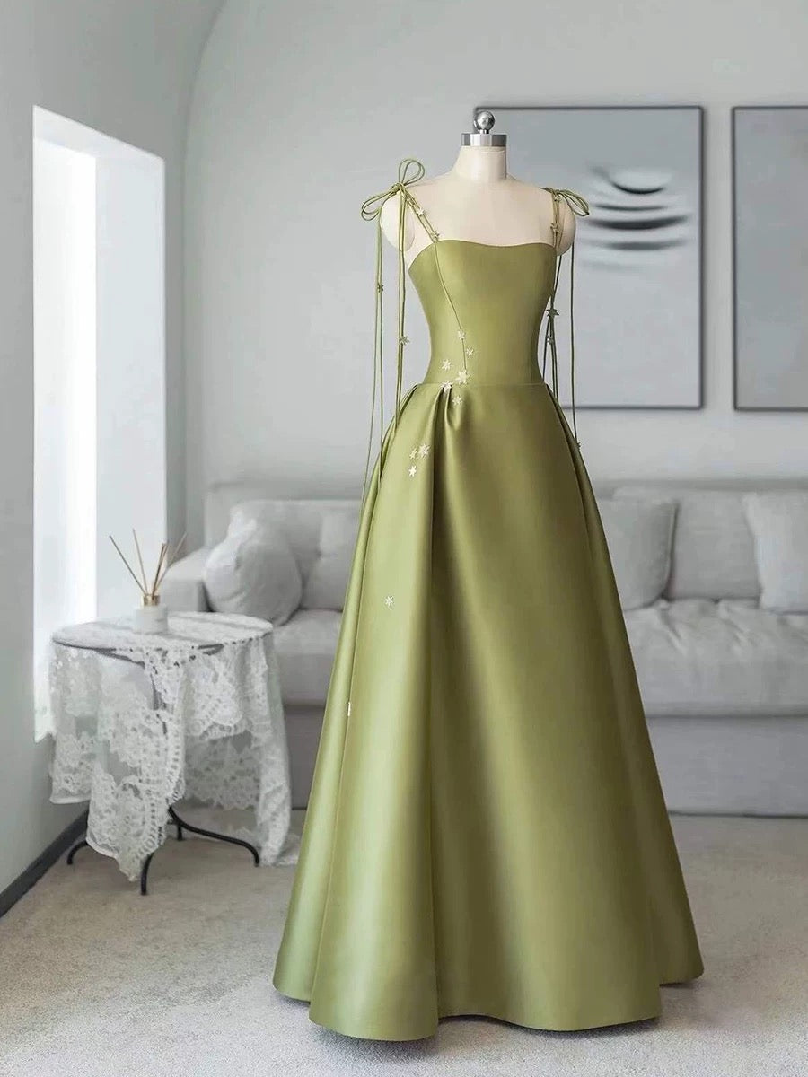 Simple A Line Straps Dark Green Satin Prom Dress P1468