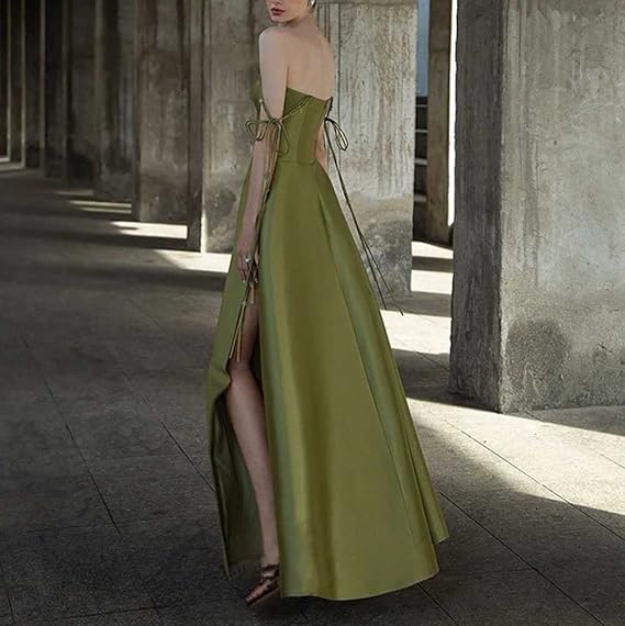 Simple A Line Straps Dark Green Satin Prom Dress P1468