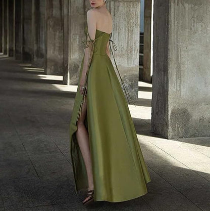 Simple A Line Straps Dark Green Satin Prom Dress P1468