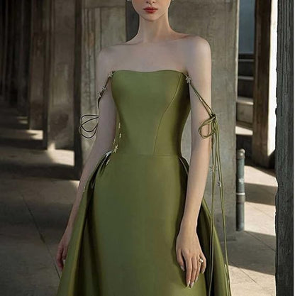 Simple A Line Straps Dark Green Satin Prom Dress P1468