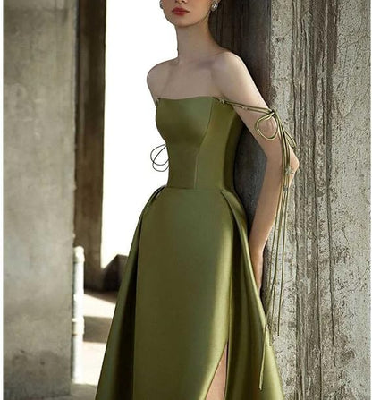 Simple A Line Straps Dark Green Satin Prom Dress P1468