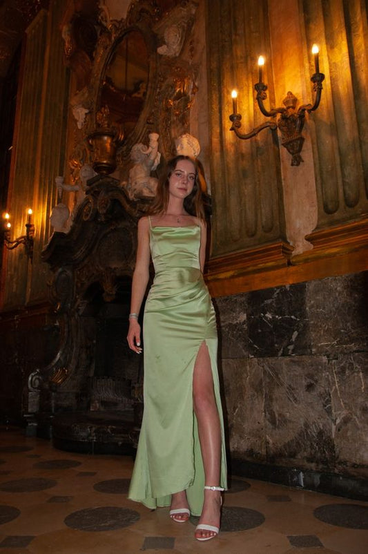 Simple A Line Straps Sage Green Slit Prom Dress P1469