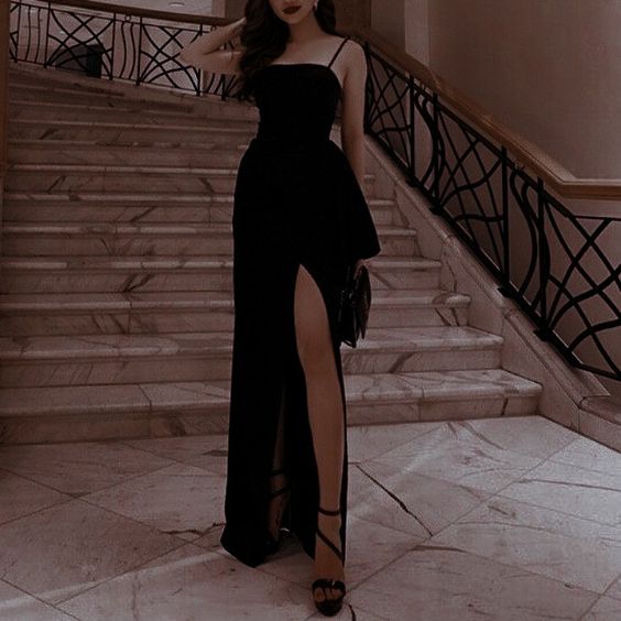 Sexy Sheath Straps Floor Length Black Slit Prom Dresses P1476