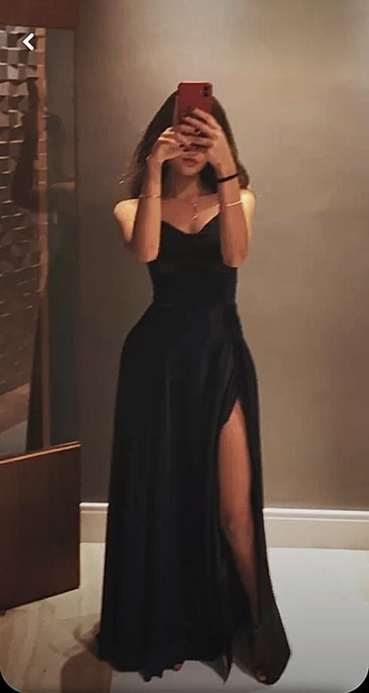 Sexy A Line Straps Floor Length Black Slit Prom Dresses P1480