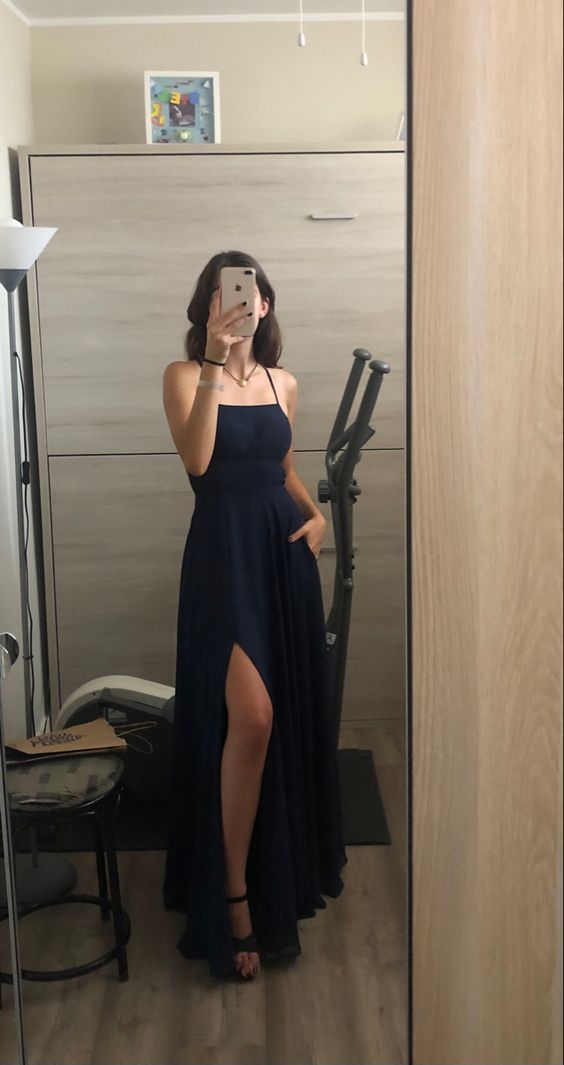 Sexy A Line Straps Floor Length Navy Blue Slit Prom Dresses P1481
