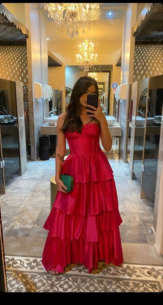 Vintage A Line Straps Floor Length Hot Pink Prom Dresses P1485