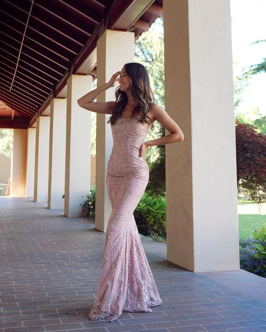 Mermaid Spaghetti Straps Sleeveless Pink Lace Prom Dress P1492