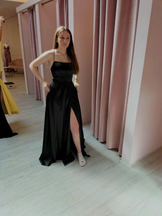 Sexy A Line Straps Long Black Slit Backless Prom Dresses P1502