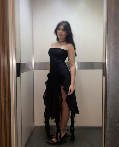 Sexy Sheath Strapless Long Black Slit Floral Prom Dresses P1503