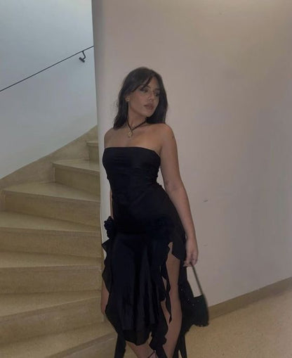 Sexy Sheath Strapless Long Black Slit Floral Prom Dresses P1503