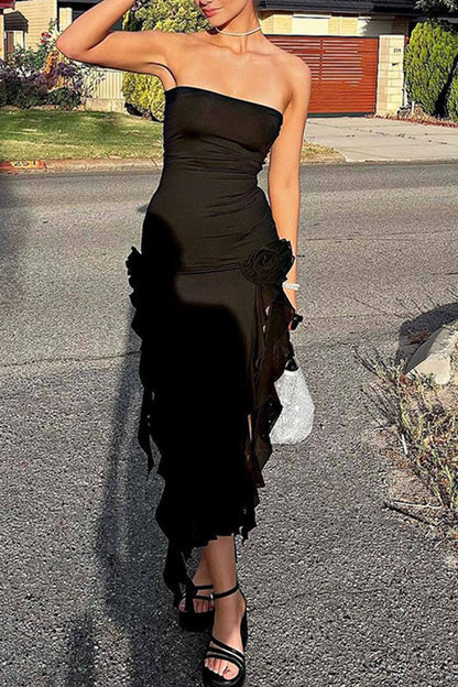 Sexy Sheath Strapless Long Black Slit Floral Prom Dresses P1503