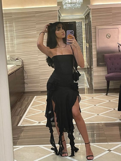 Sexy Sheath Strapless Long Black Slit Floral Prom Dresses P1503