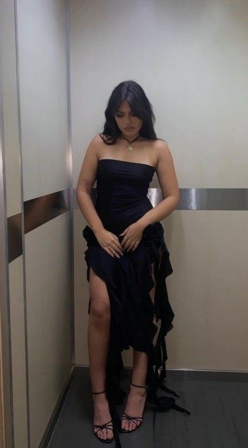 Sexy Sheath Strapless Long Black Slit Floral Prom Dresses P1503