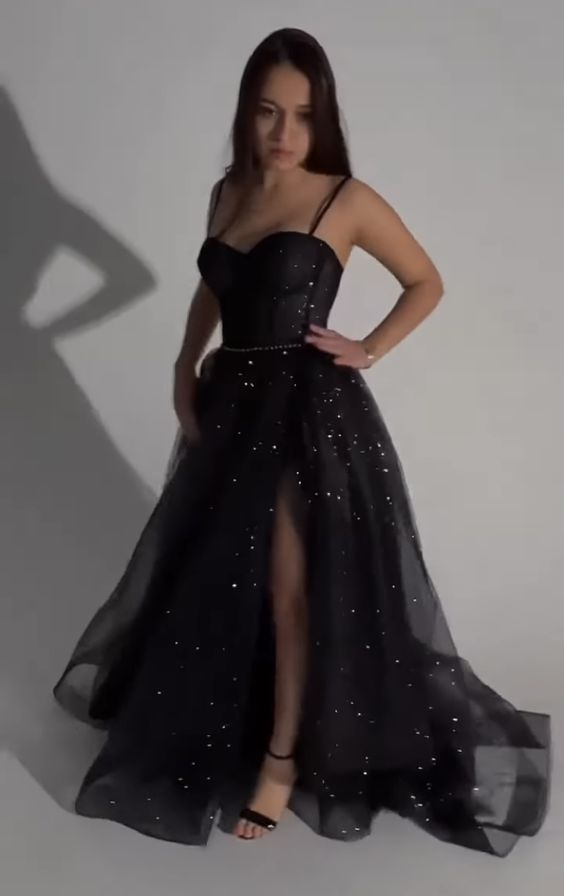 Sparkly A line Straps Long Black Slit Tulle Prom Dresses P1505