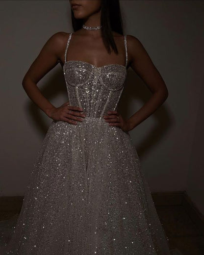 Sparkly Charming A line Spaghetti Straps Long Sequin Prom Dress P1506