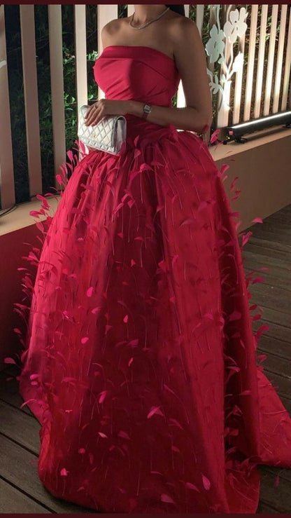 Ball Gown Strapless Hot Pink Long Prom Dress With Feathers P1517