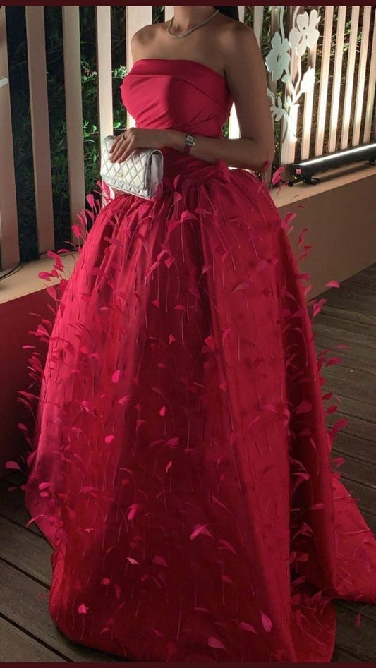 Ball Gown Strapless Hot Pink Long Prom Dress With Feathers P1517