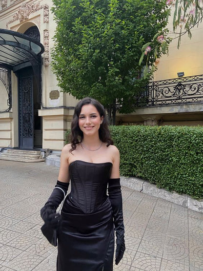 Sexy Mermaid Strapless Black Slit Long Prom Dress With Gloves P1523