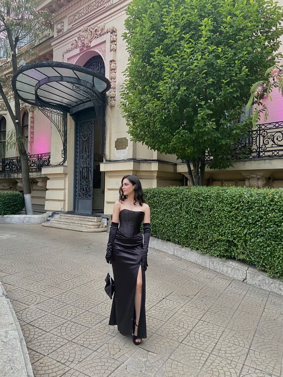 Sexy Mermaid Strapless Black Slit Long Prom Dress With Gloves P1523