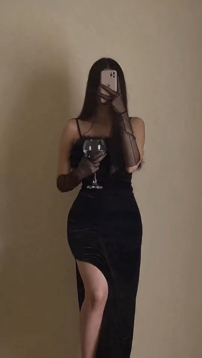 Sexy Sheath Straps Long Black Velvet Slit Feathers Prom Dress P1538