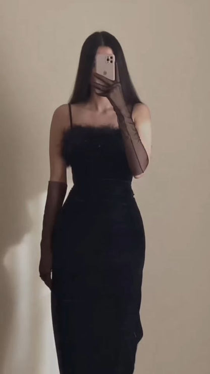 Sexy Sheath Straps Long Black Velvet Slit Feathers Prom Dress P1538