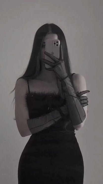 Sexy Sheath Straps Long Black Velvet Slit Feathers Prom Dress P1538