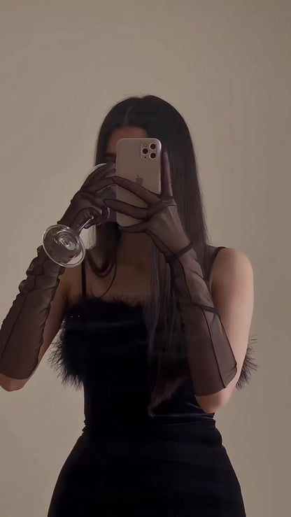 Sexy Sheath Straps Long Black Velvet Slit Feathers Prom Dress P1538