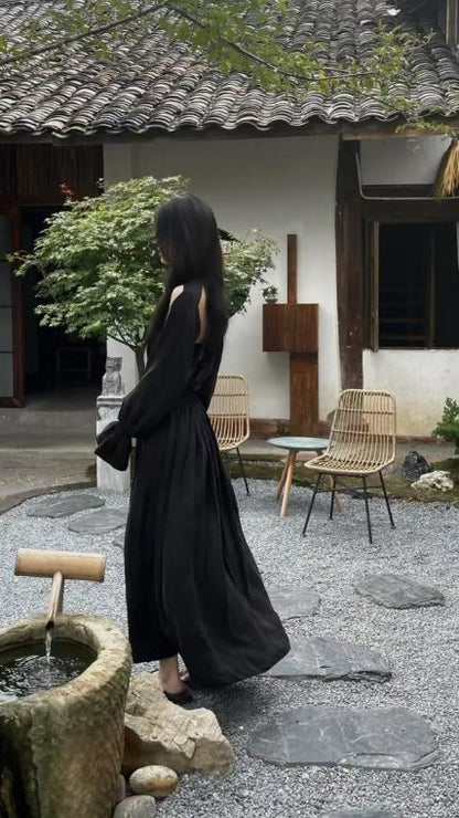 Vintage A line Long Sleeves Black Prom Dress P1547