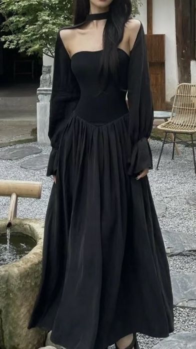 Vintage A line Long Sleeves Black Prom Dress P1547
