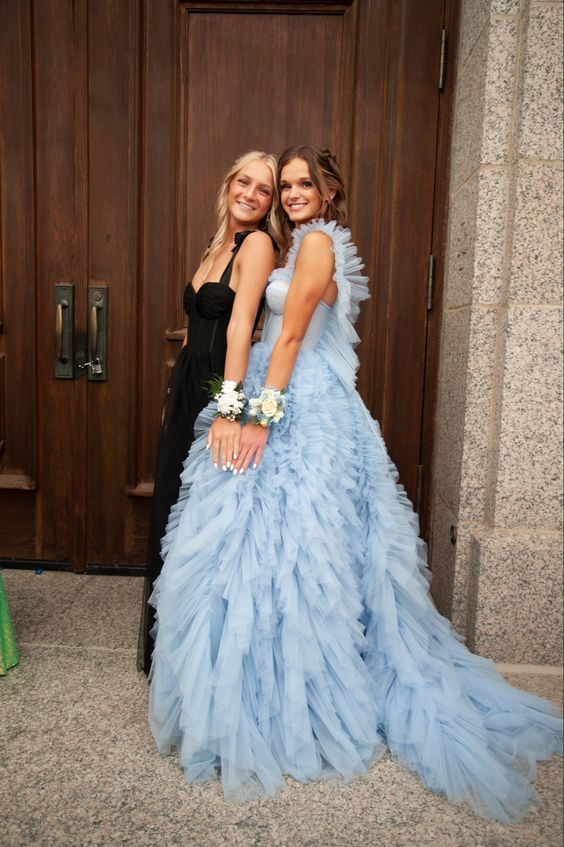 Sky Blue New Style Long Prom Dress Puffy Sleeveless Party Dresses P1593