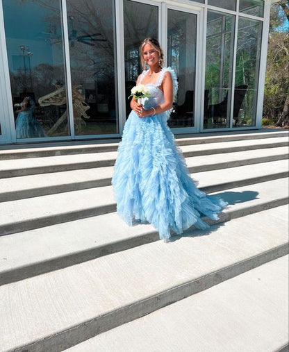 Sky Blue New Style Long Prom Dress Puffy Sleeveless Party Dresses P1593