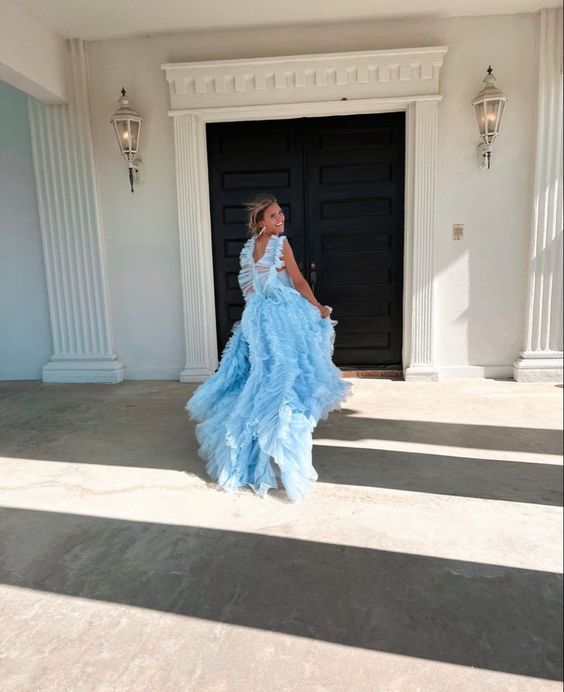 Sky Blue New Style Long Prom Dress Puffy Sleeveless Party Dresses P1593