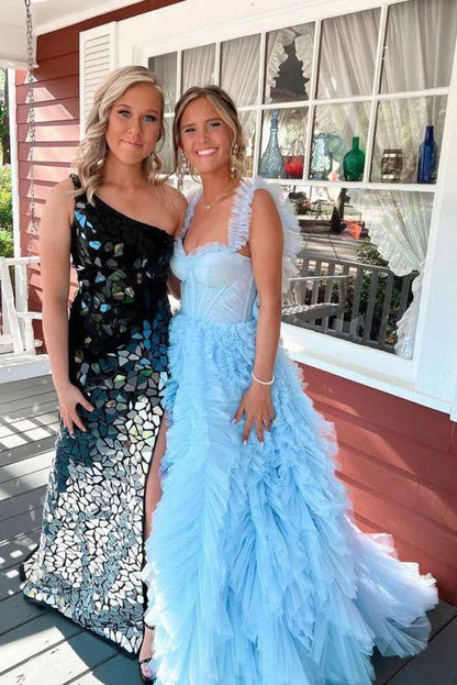 Sky Blue New Style Long Prom Dress Puffy Sleeveless Party Dresses P1593