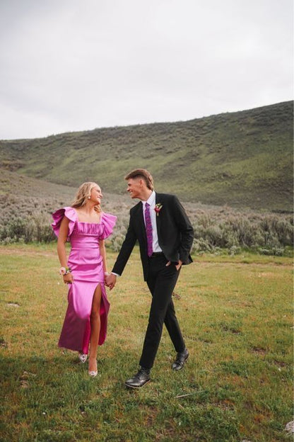 Sexy A line Square Neckline Long Pink Slit Prom Dress Party Dresses P1598