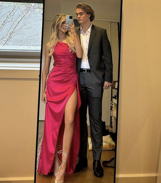 Sexy Mermaid One Shoulder Hot Pink Long Prom Dress P1624