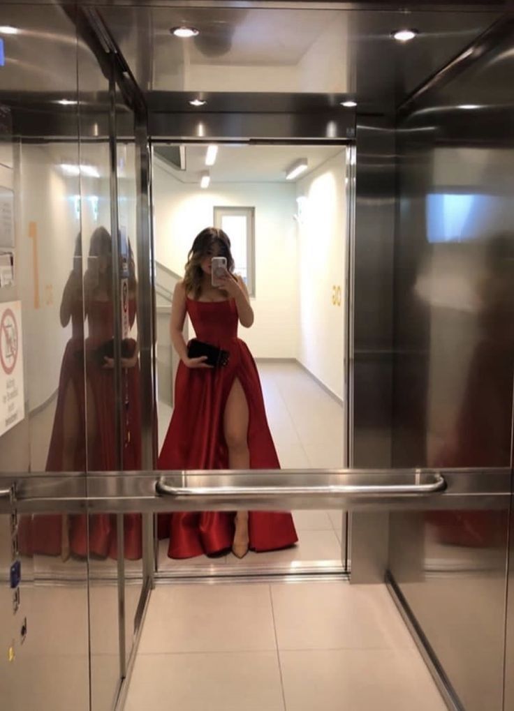 Sexy A line Straps Red Slit Long Prom Dress P1634