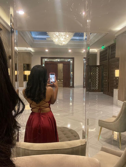 Sexy A line Straps Wine Red Slit Long Prom Dress P1635