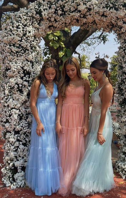 Simple A line Light Sky Blue Tulle Long Prom Dress P1638