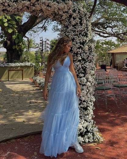 Simple A line Light Sky Blue Tulle Long Prom Dress P1638
