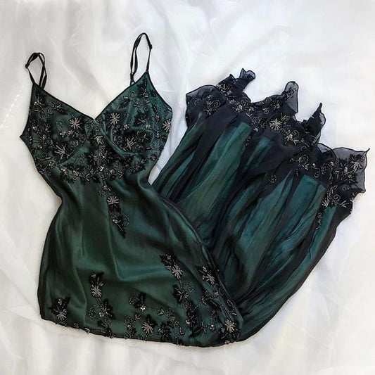 Sparkly A line Spaghetti Straps Dark Green Long Prom Dress P1664