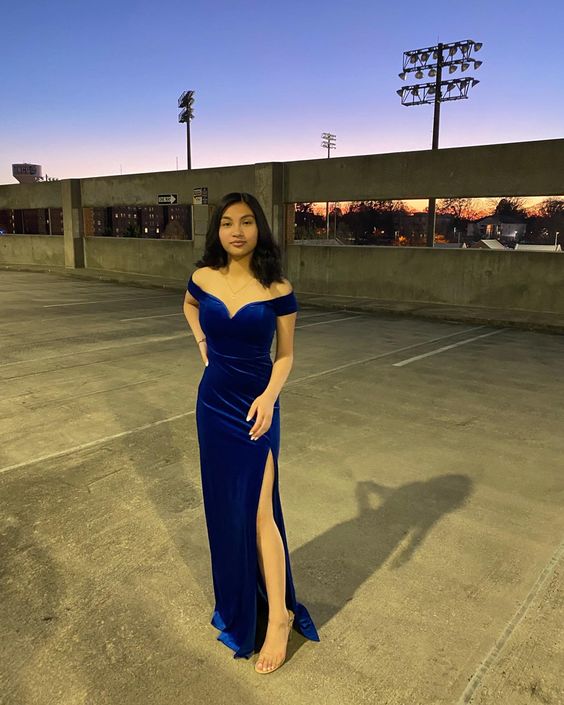 Sexy Mermaid Off The Shoulder Royal Blue Velvet Slit Long Prom Dress P1646