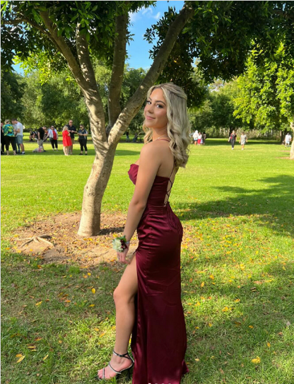 Sexy Mermaid Straps Burgundy Slit Long Prom Dress P1647