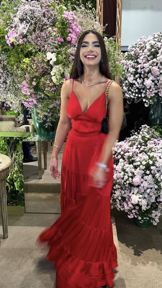 Simple A line Spaghetti Straps Red Long Prom Dress P1655