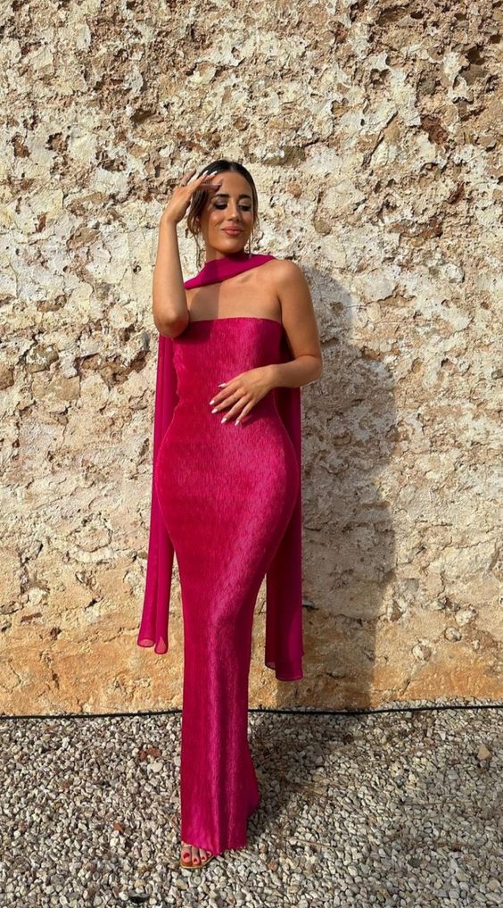 Simple Sheath Strapless Hot Pink Long Prom Dress P1658