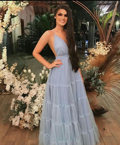 Simple A line Light Sky Blue Tulle Long Prom Dress P1662