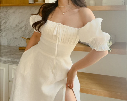 Light Yellow A-line Prom Dress with Puff Sleeves P1673