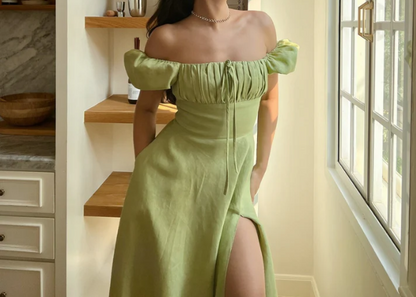 Light Yellow A-line Prom Dress with Puff Sleeves P1673