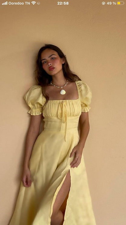 Light Yellow A-line Prom Dress with Puff Sleeves P1673