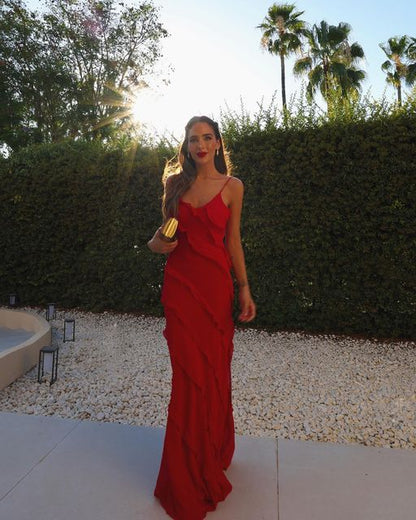 Sexy Sheath Straps Red Long Chiffon Prom Dress P1683